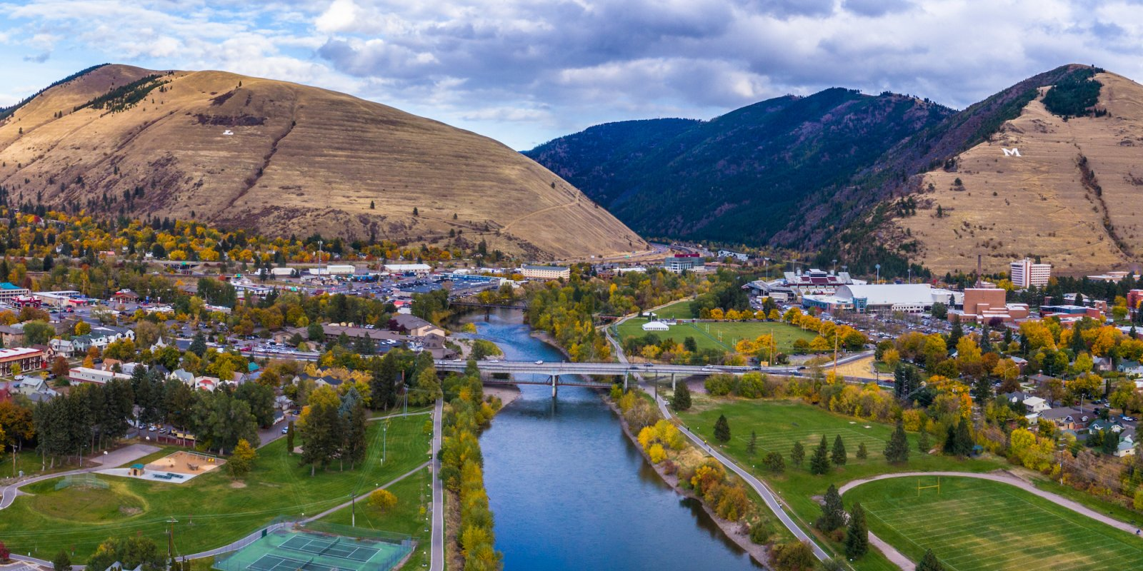 Aerial view of Missoula, Montana valley with river and mountains